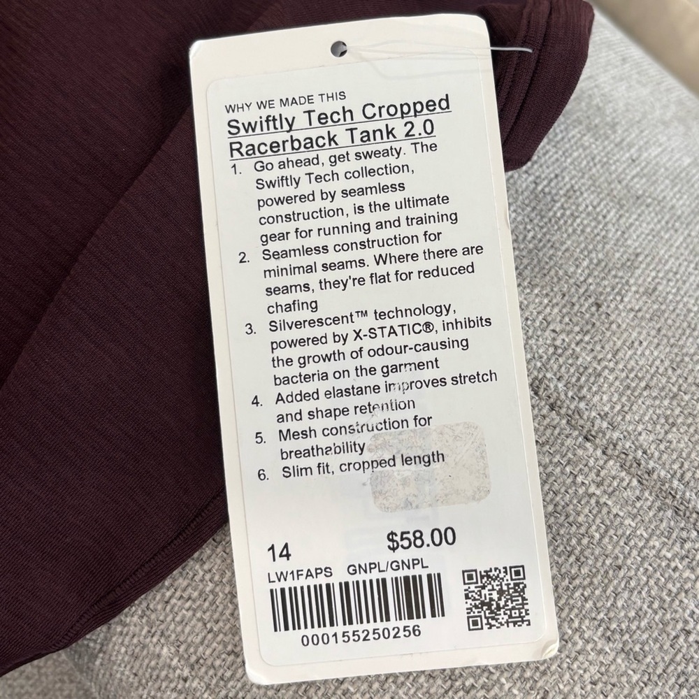 NWT Lululemon Swiftly Tech Cropped Racerback Tank Top In Goodnight Plum Size 14 - Picture 6 of 6